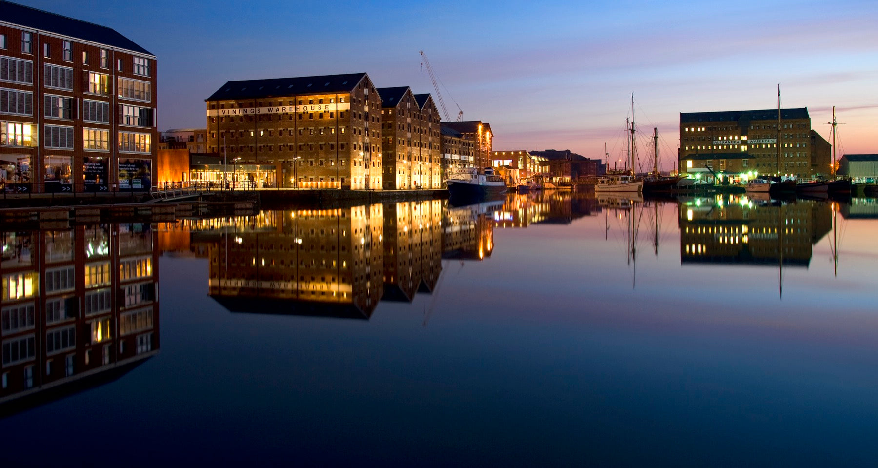 Gloucester Docks lit at night