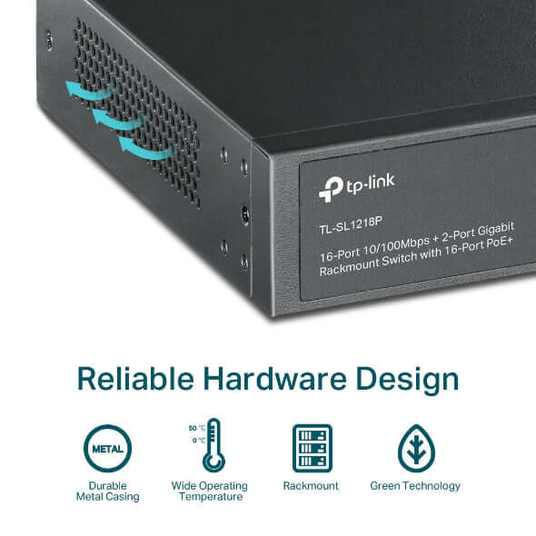 TP-Link JetStream TL-SL1218P - V1 - switch - unmanaged - 16 x 10/100 (PoE+) + 2 x 10/100/1000 + 1 x combo Gigabit SFP - rack-mountable - PoE+ (150 W) - Premier Technology