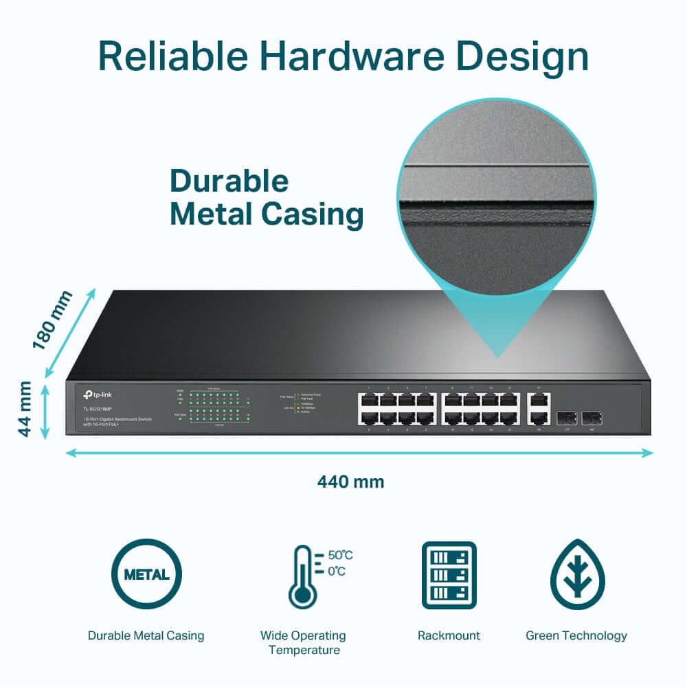 TP-Link JetStream TL-SG1218MP - V1 - switch - 16 x 10/100/1000 (PoE+) + 2 x 10/100/1000 + 2 x combo Gigabit SFP - rack-mountable - PoE+ (250 W) - Premier Technology